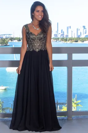 Black Maxi Dress with Jewel Embroidered Top