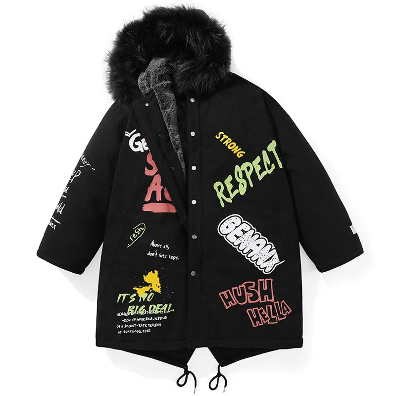 Black Print Split Fleece Hooded Padded Coat