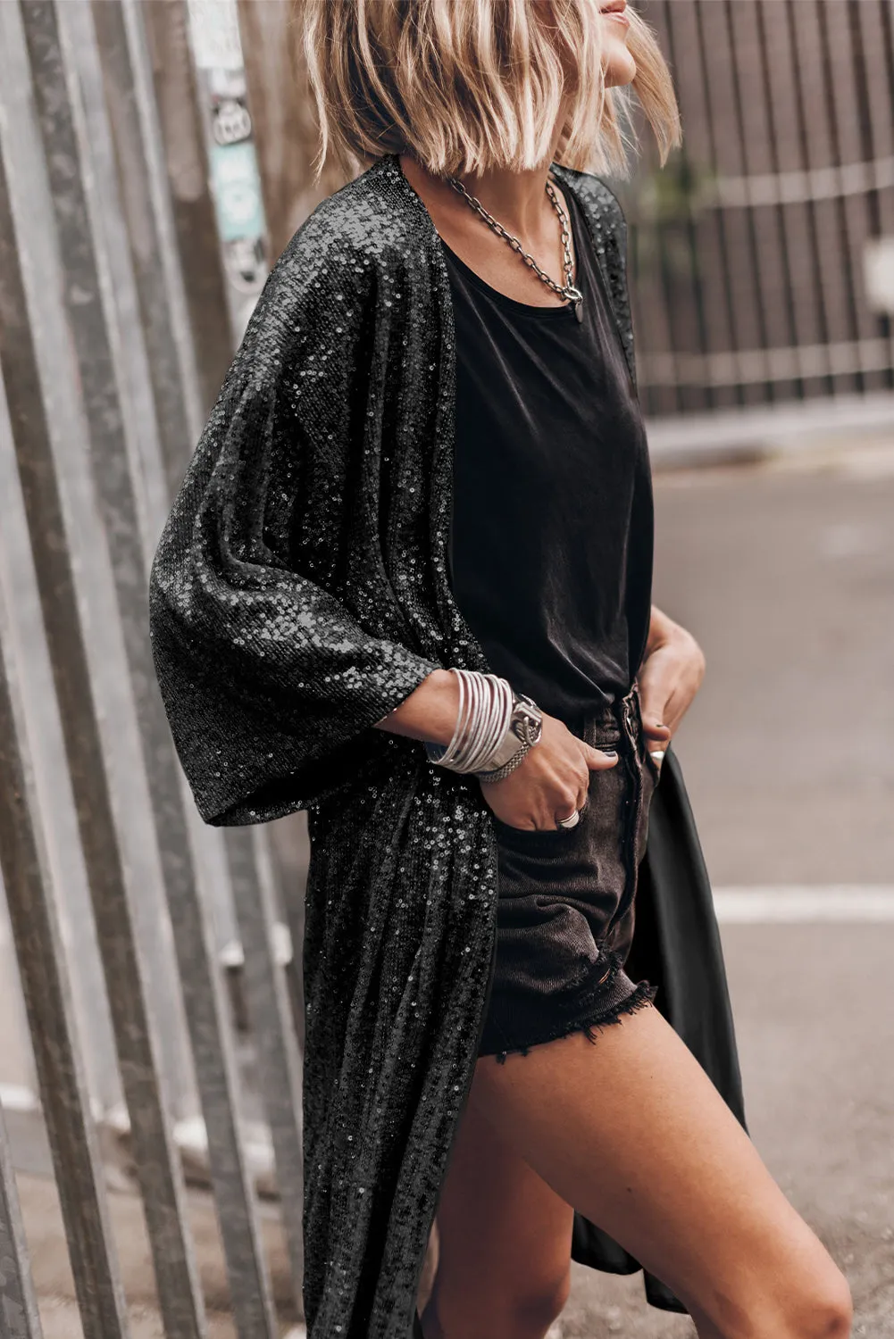 Black Sequin 3/4 Sleeve Open Front Duster Kimono