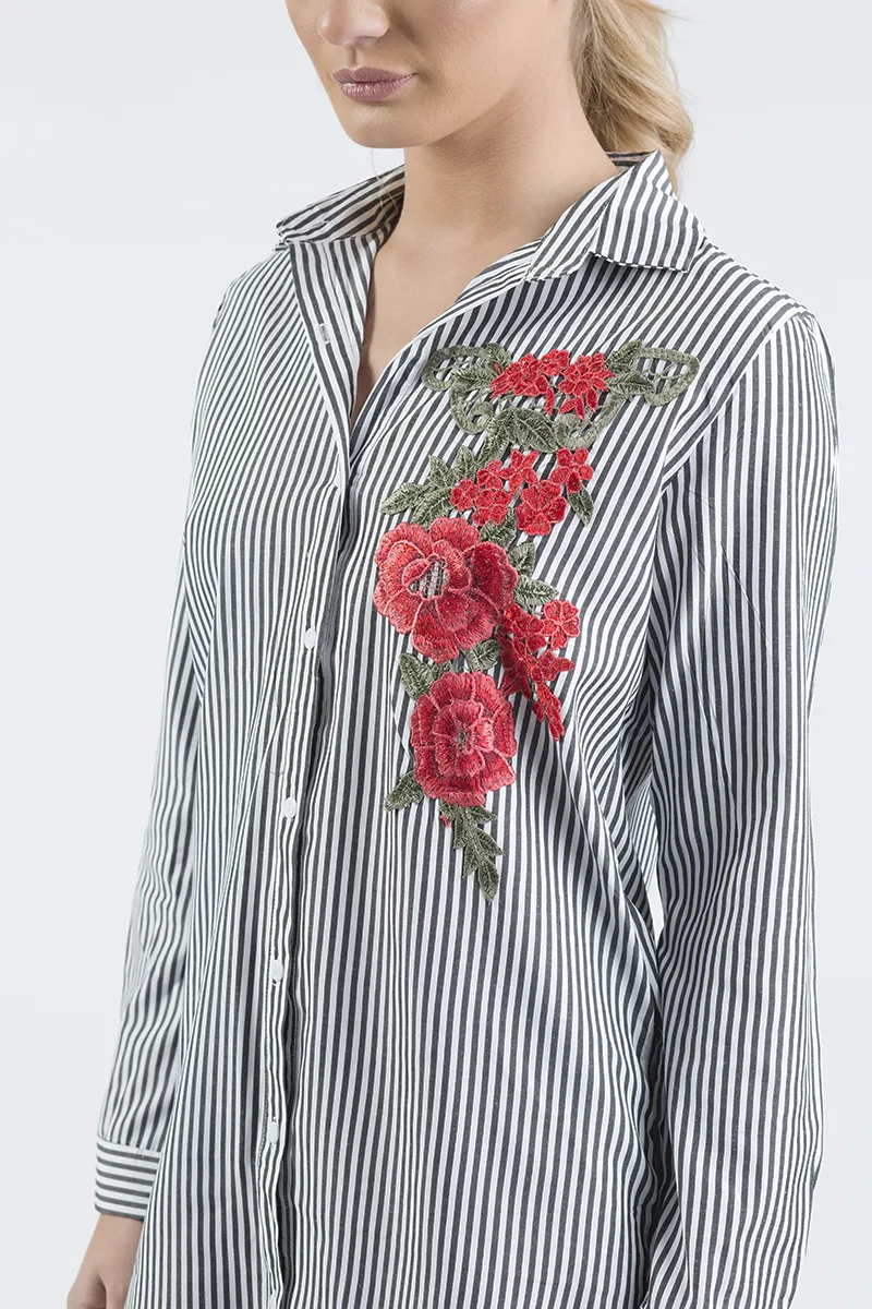 Black Striped Embroidered Oversized Shirt  - Kaya