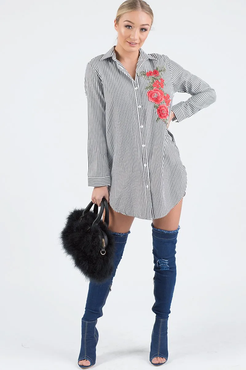 Black Striped Embroidered Oversized Shirt  - Kaya