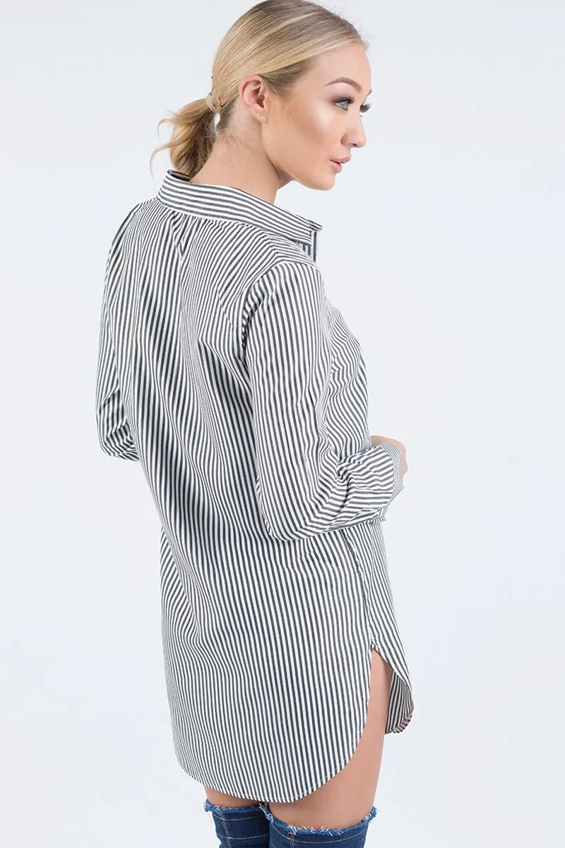 Black Striped Embroidered Oversized Shirt  - Kaya