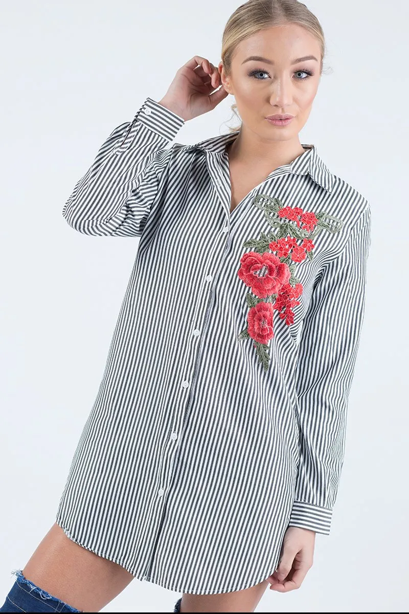 Black Striped Embroidered Oversized Shirt  - Kaya