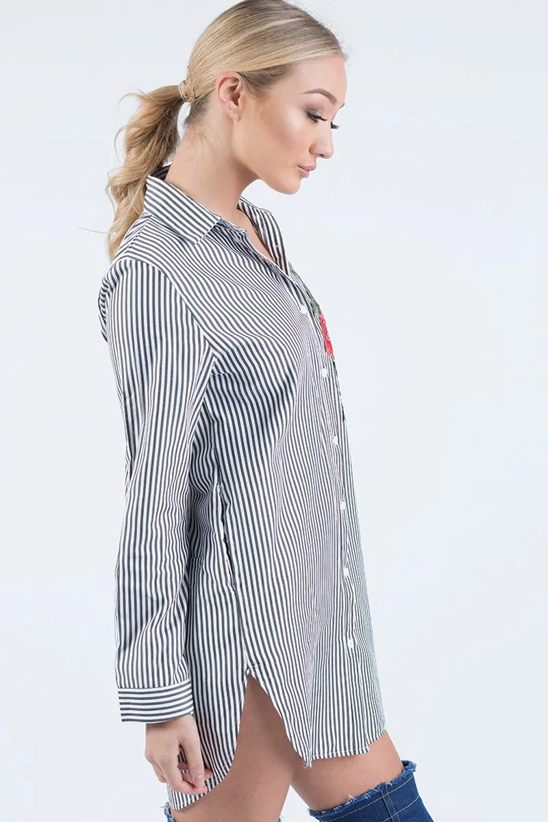 Black Striped Embroidered Oversized Shirt  - Kaya