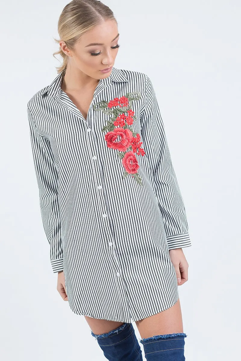 Black Striped Embroidered Oversized Shirt  - Kaya