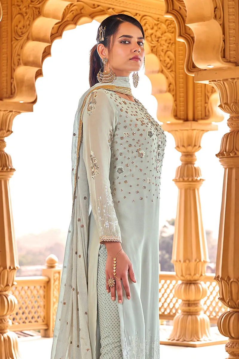 Bluish Grey Viscose Embroidered Salwar Suit