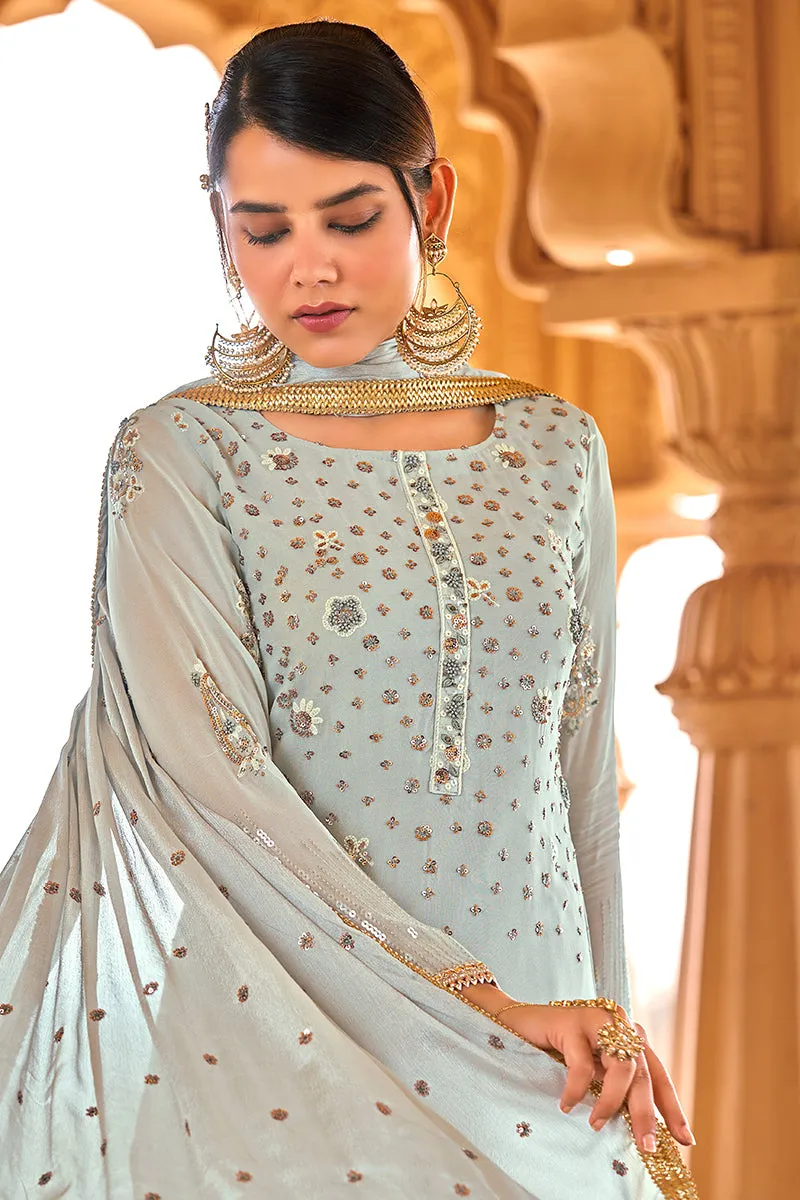 Bluish Grey Viscose Embroidered Salwar Suit