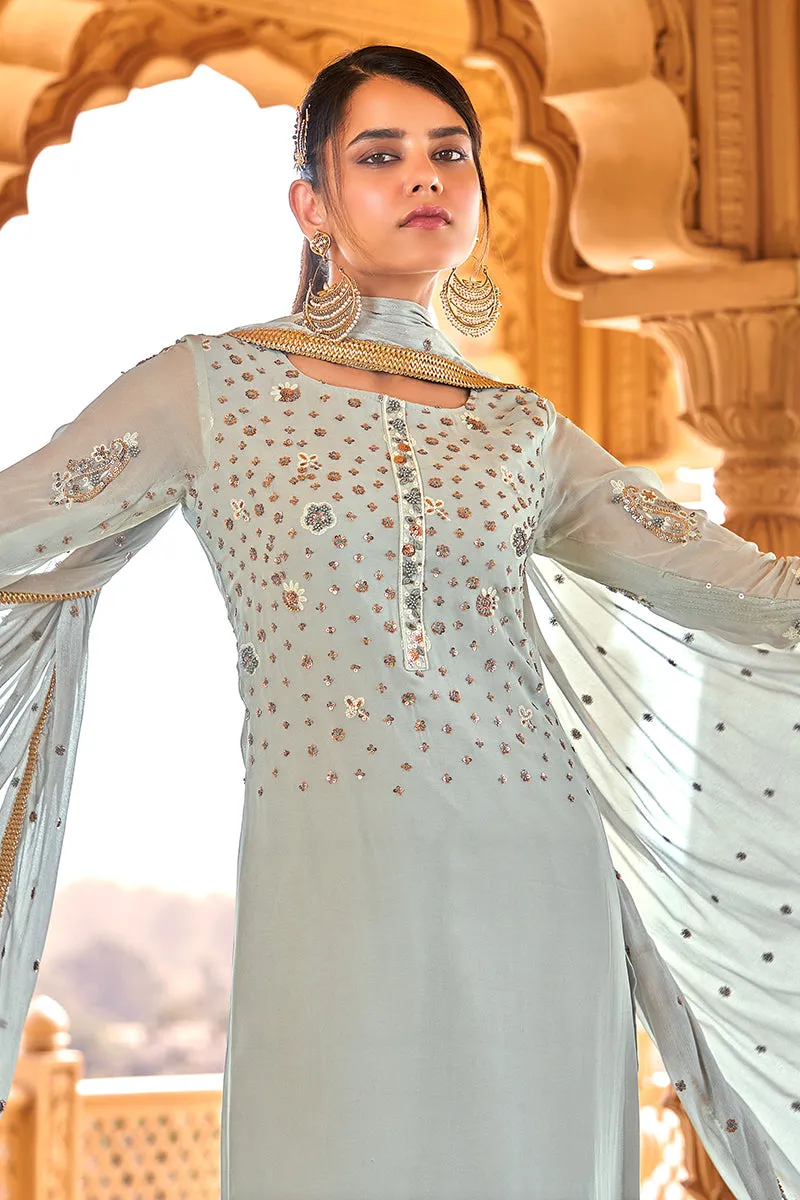 Bluish Grey Viscose Embroidered Salwar Suit