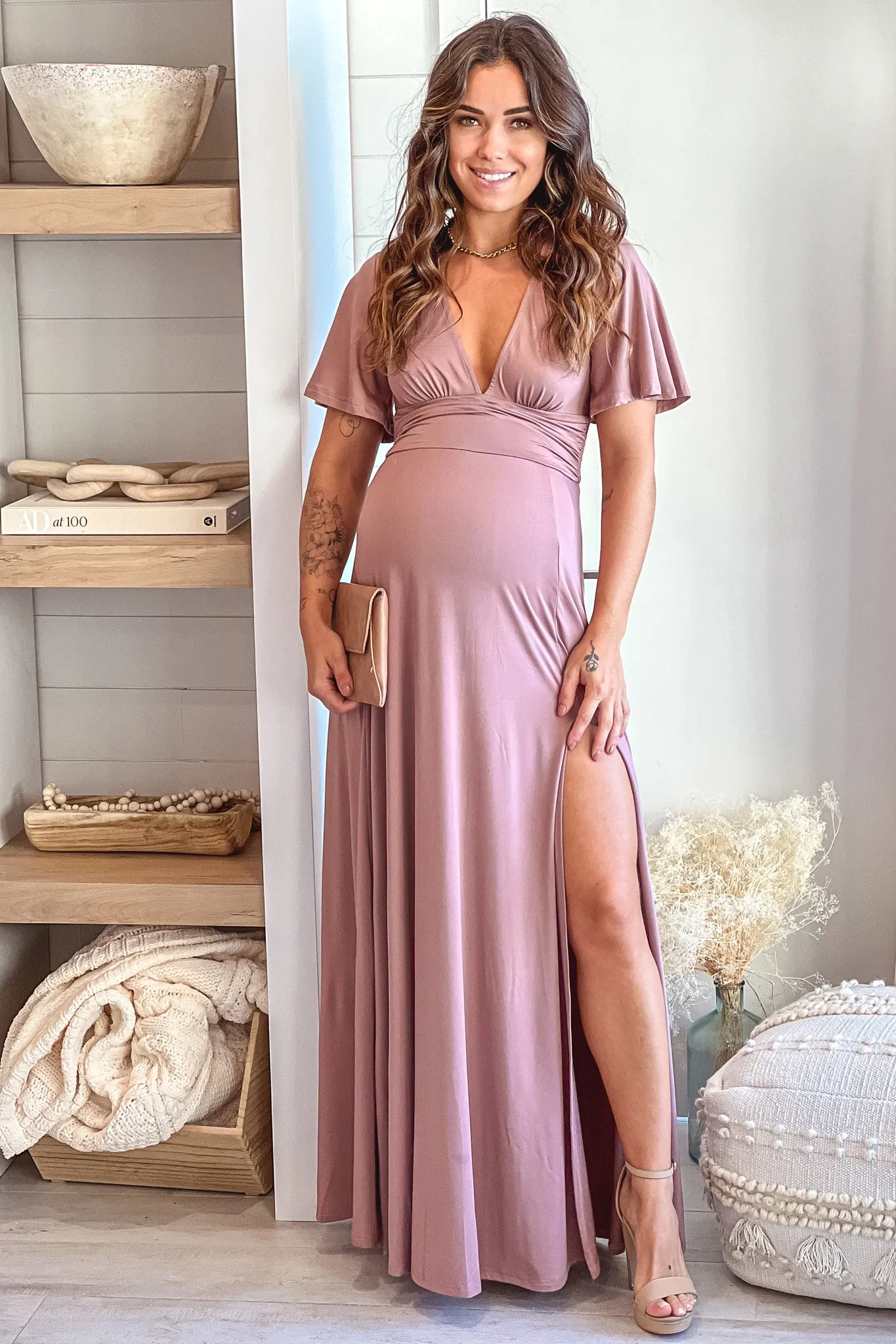 Blush Maternity Maxi Dress with Slit and Short Sleeves