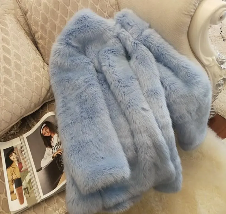 Boho Winter  Coat, Fur Coat, Faux Fox Fur, Arctic Blue