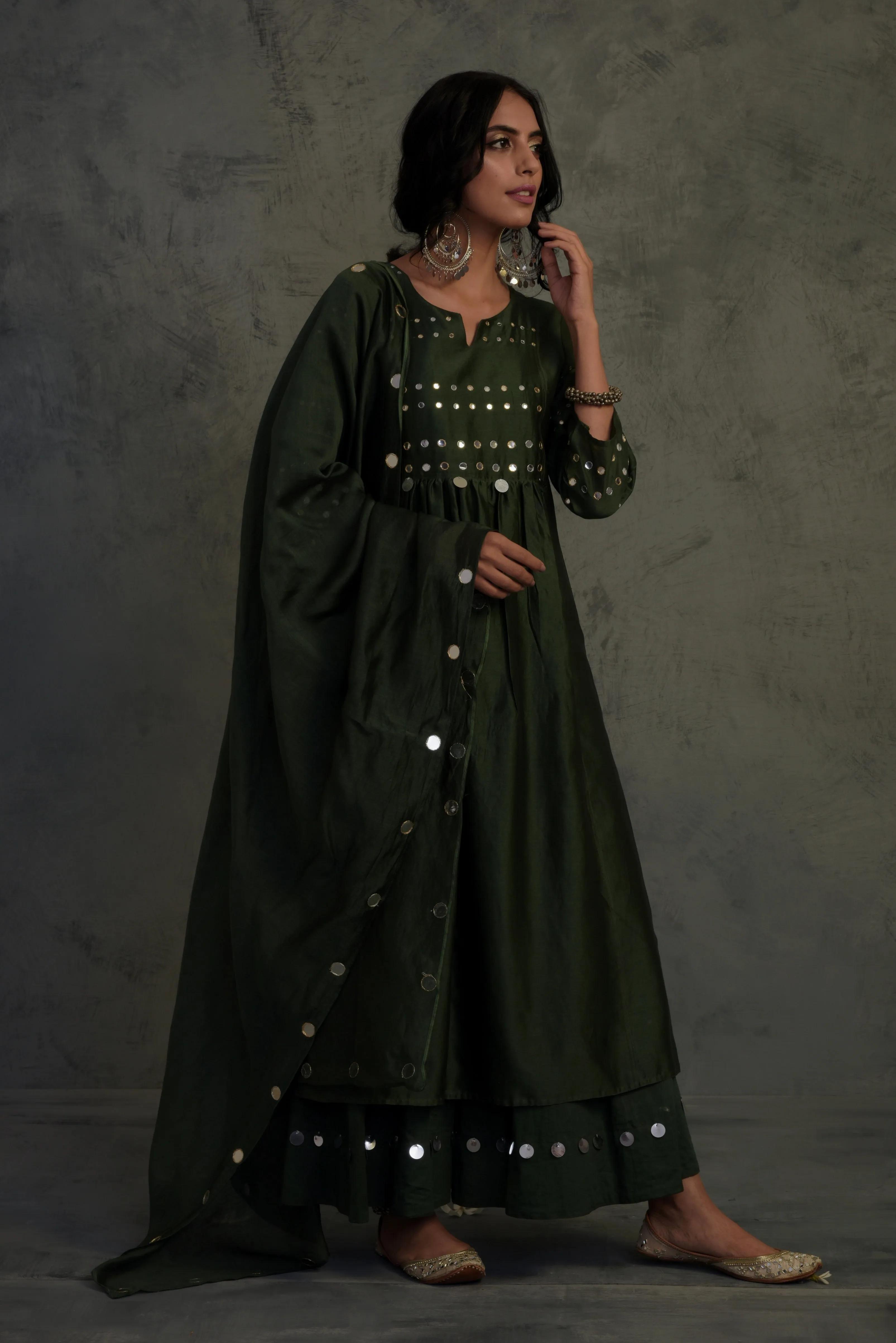 Bottle Green Gathered Kurta Set