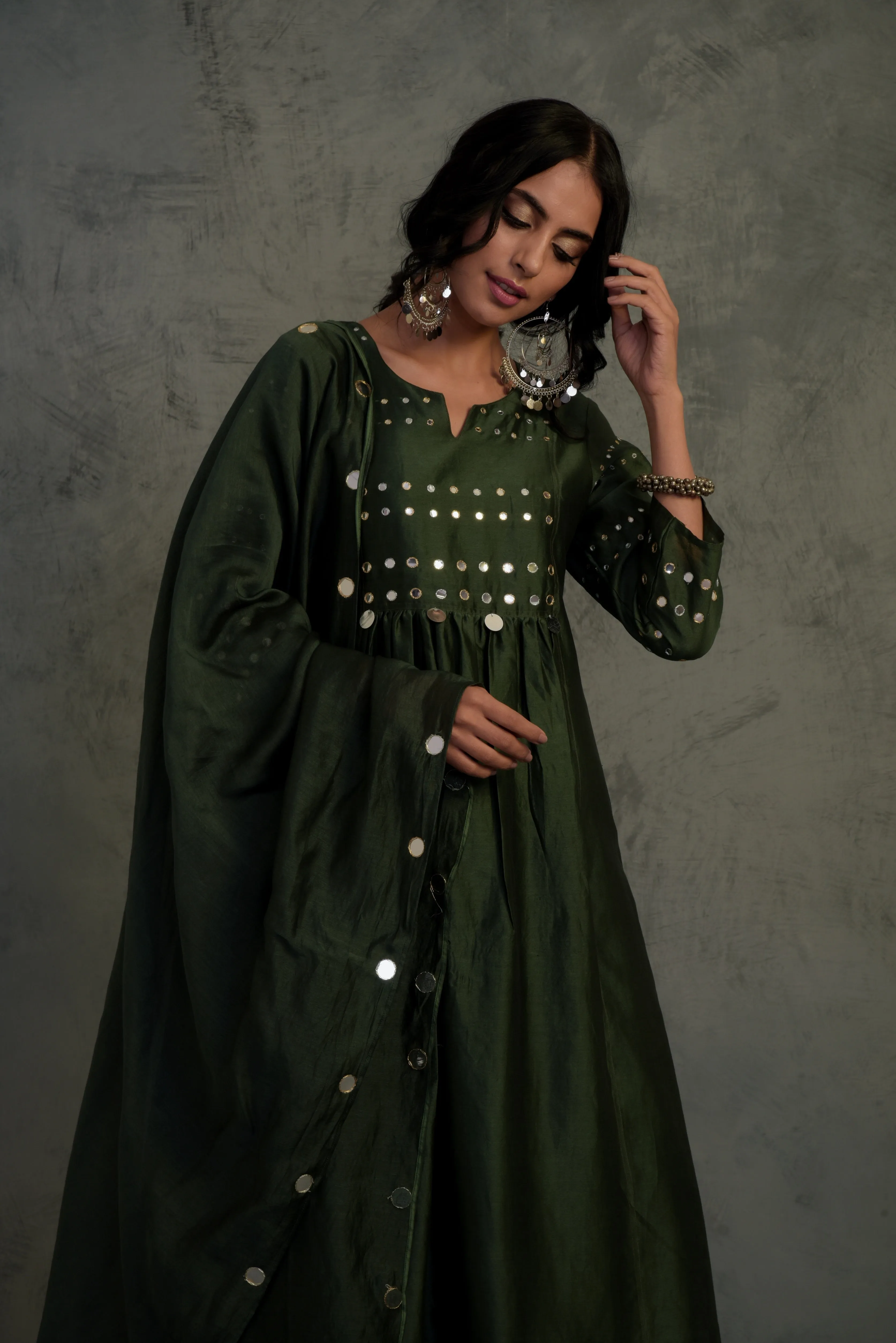 Bottle Green Gathered Kurta Set