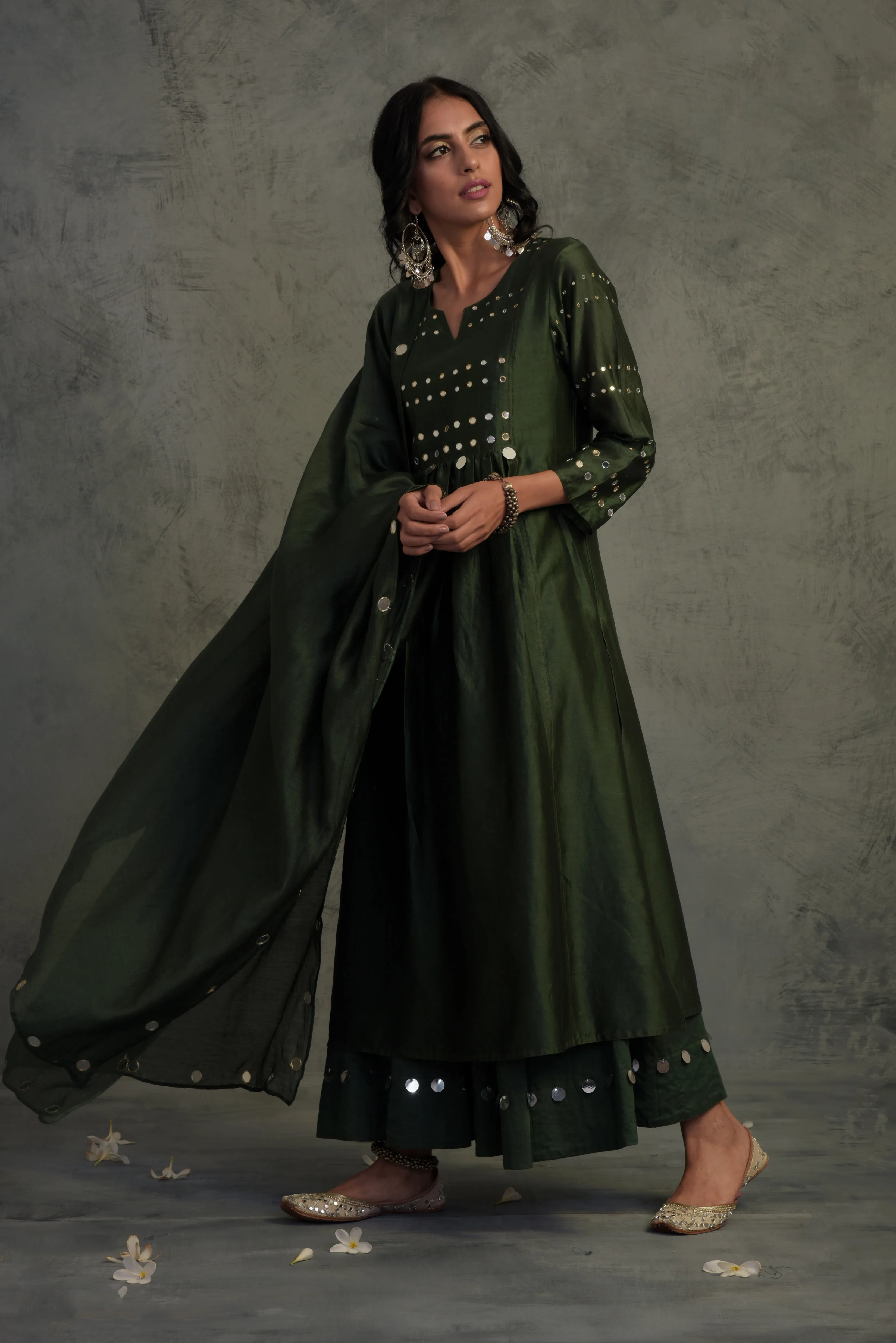 Bottle Green Gathered Kurta Set