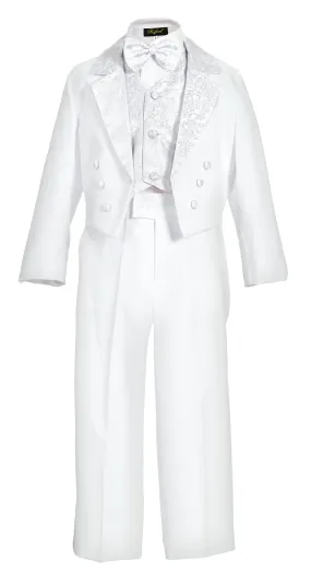 Boys 5- Piece Jacquard Shawl Lapel Tail Tuxedo Set With Shirt And Bow Tie -White