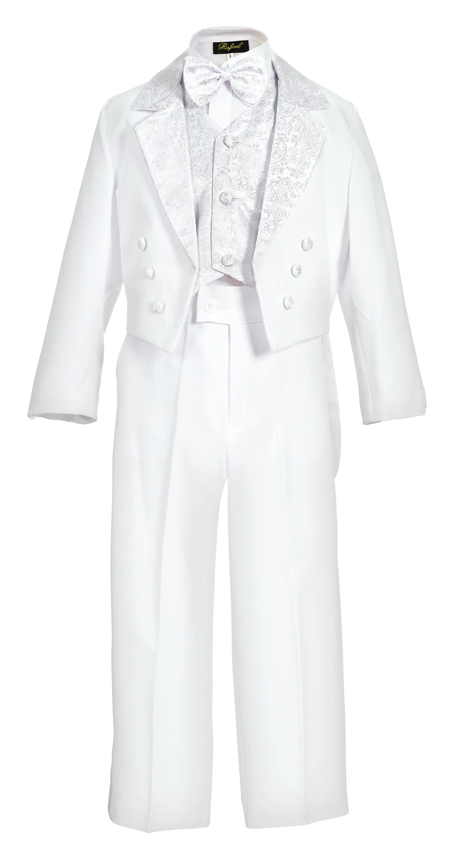 Boys 5- Piece Jacquard Shawl Lapel Tail Tuxedo Set With Shirt And Bow Tie -White