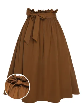 Brown 1950s Solid Elastic Waist Belt Skirt