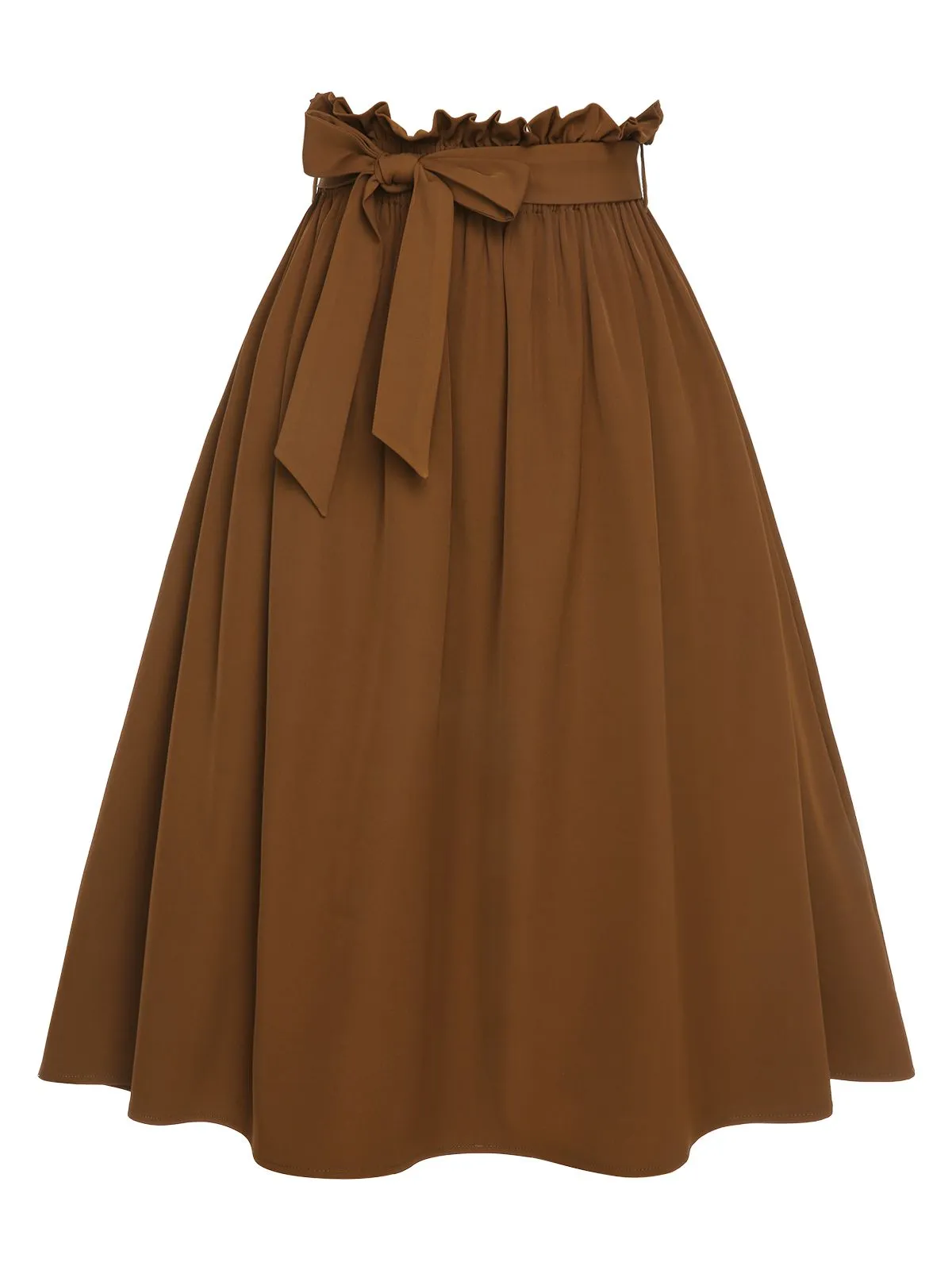 Brown 1950s Solid Elastic Waist Belt Skirt