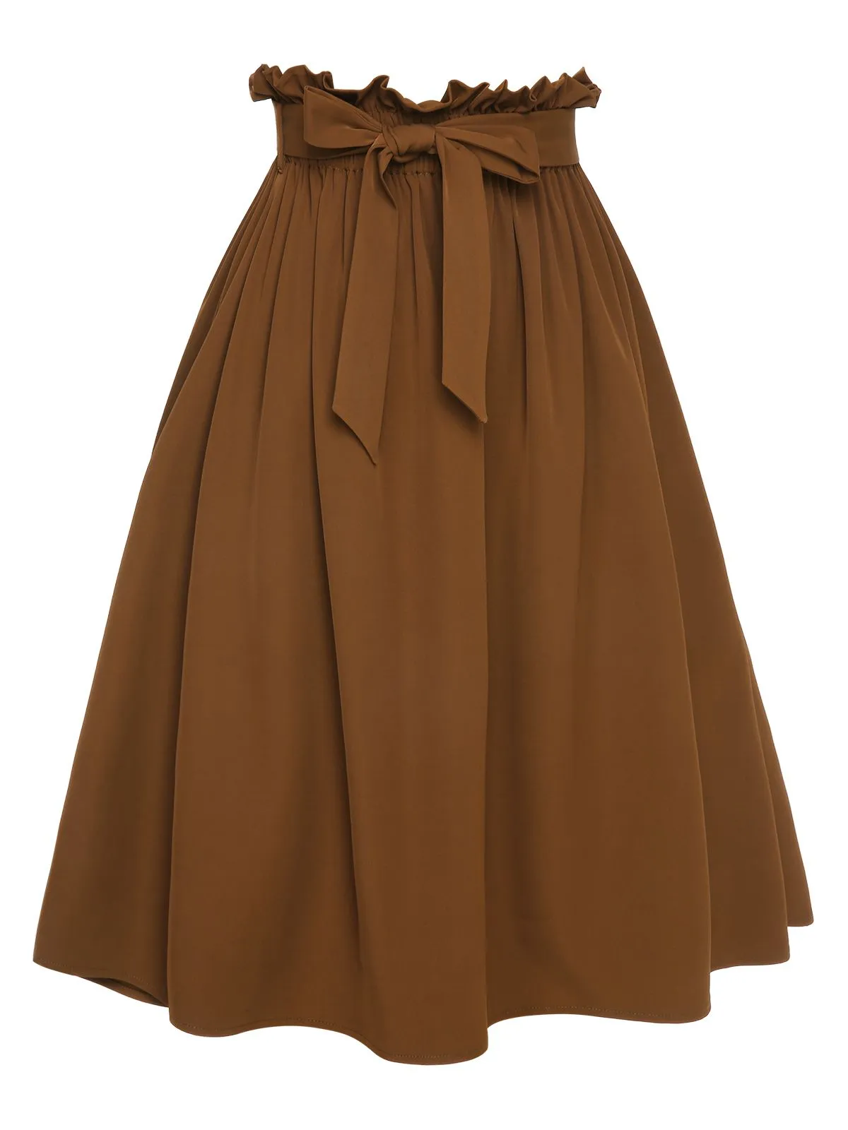 Brown 1950s Solid Elastic Waist Belt Skirt