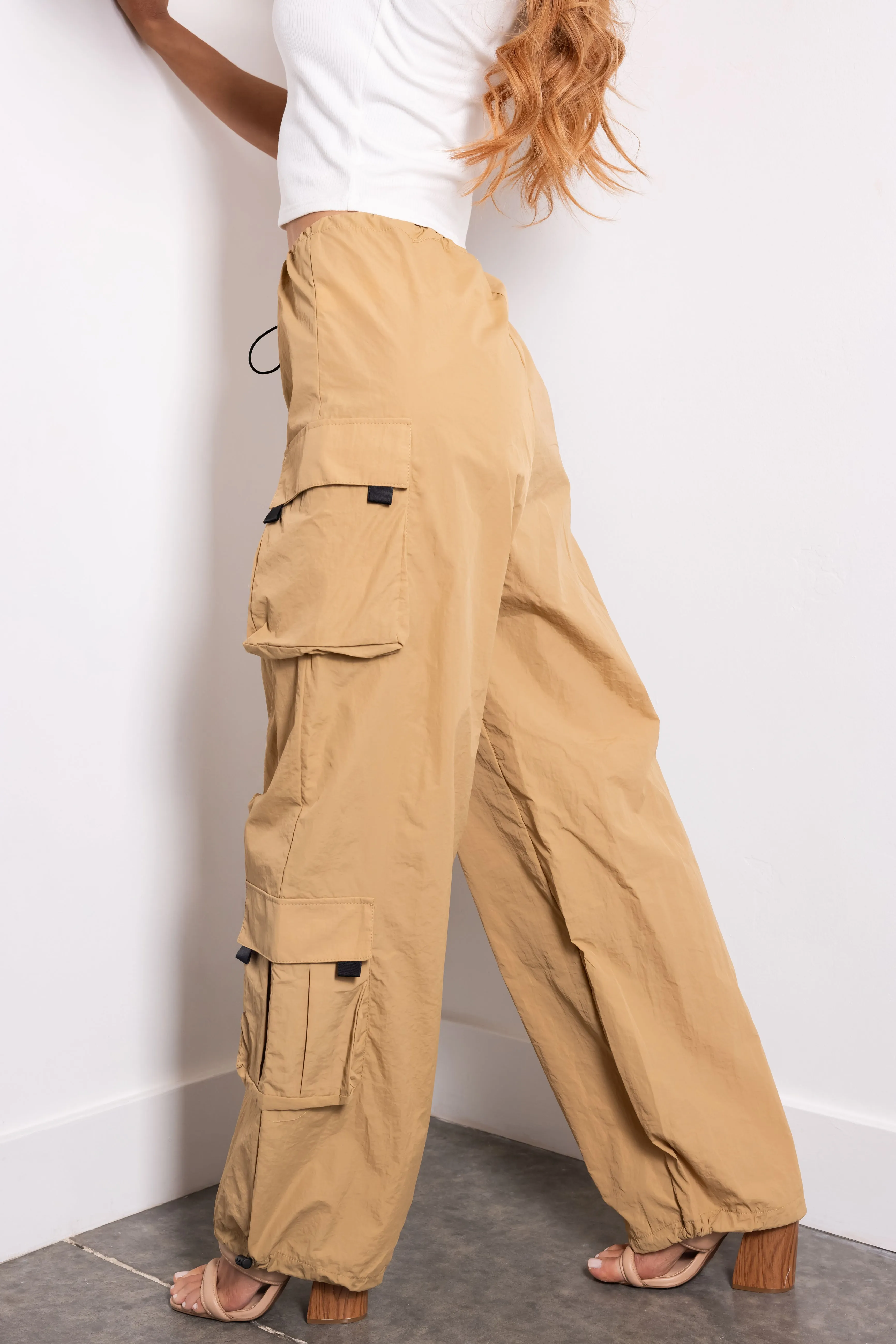 Camel Drawstring Cargo Parachute Pants