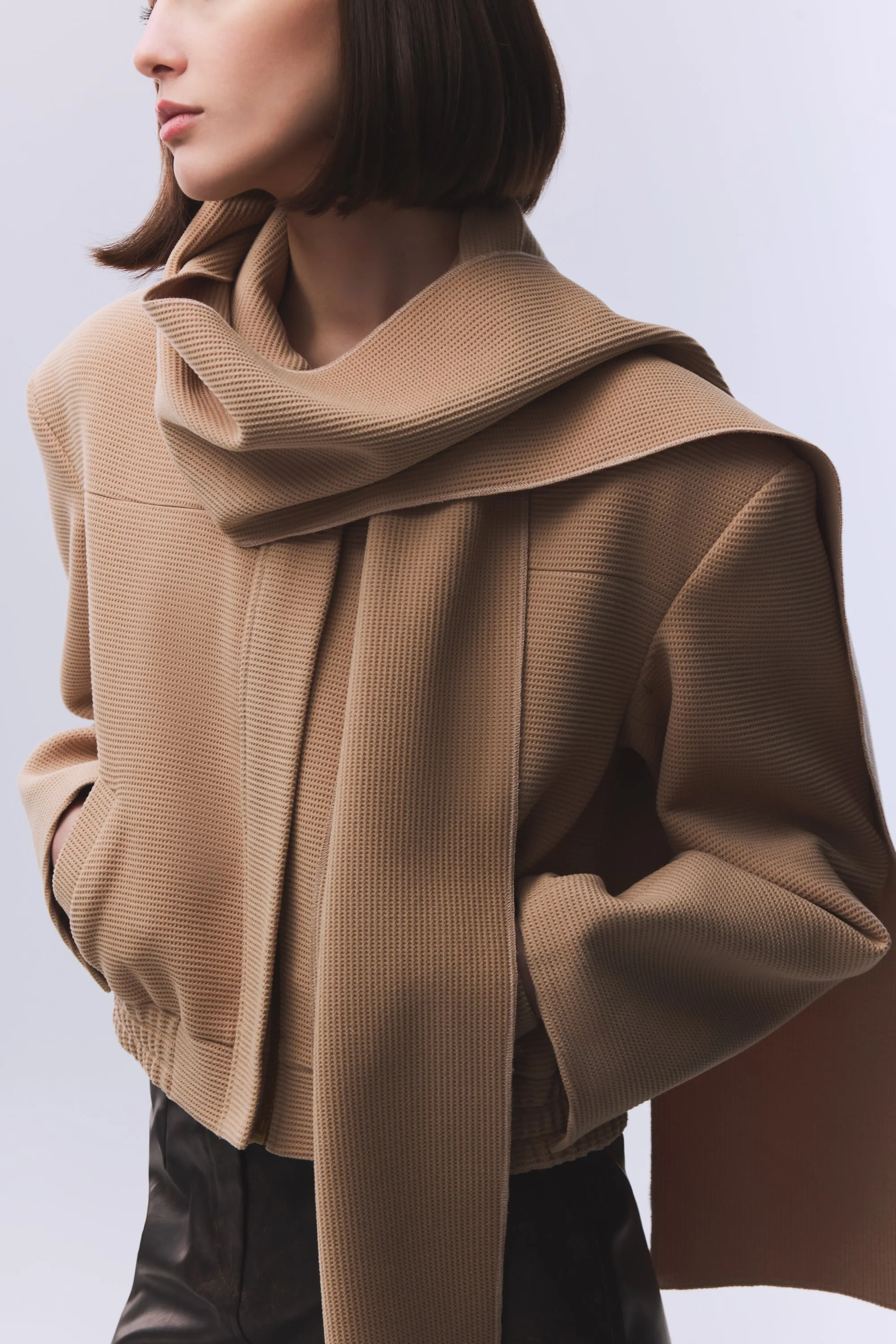 CAMEL TEXTURED SCARFDETAILED JACKET