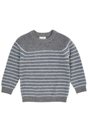 CASHMERE CLASSIC RIB PULLOVER - GREY MEL/DUSTY BLUE STRIPE