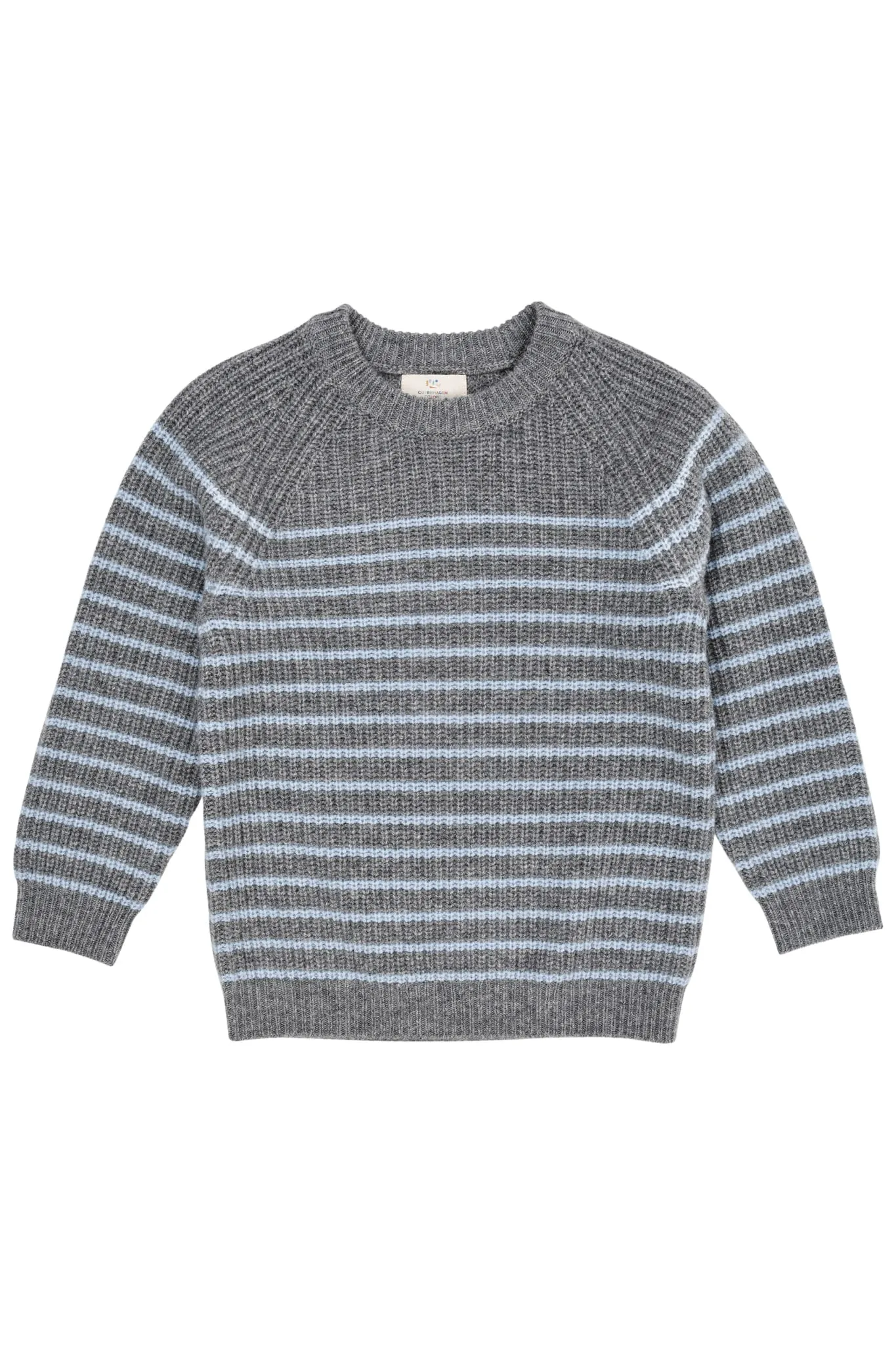 CASHMERE CLASSIC RIB PULLOVER - GREY MEL/DUSTY BLUE STRIPE