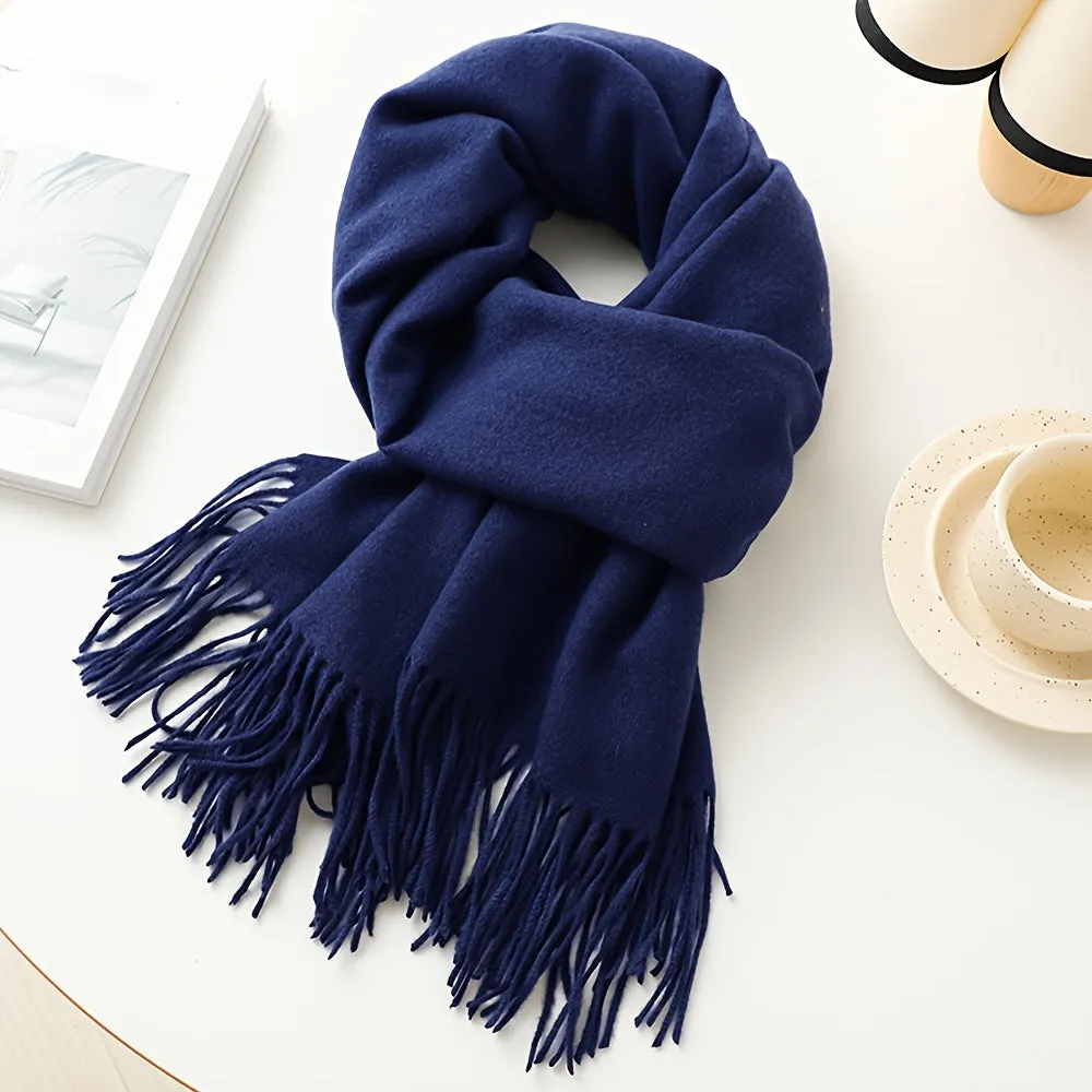 Chic Faux Cashmere Knit Scarf with Tassels - Cozy, Warm & Windproof for Winter | Solid Color, Non-Stretch Polyester