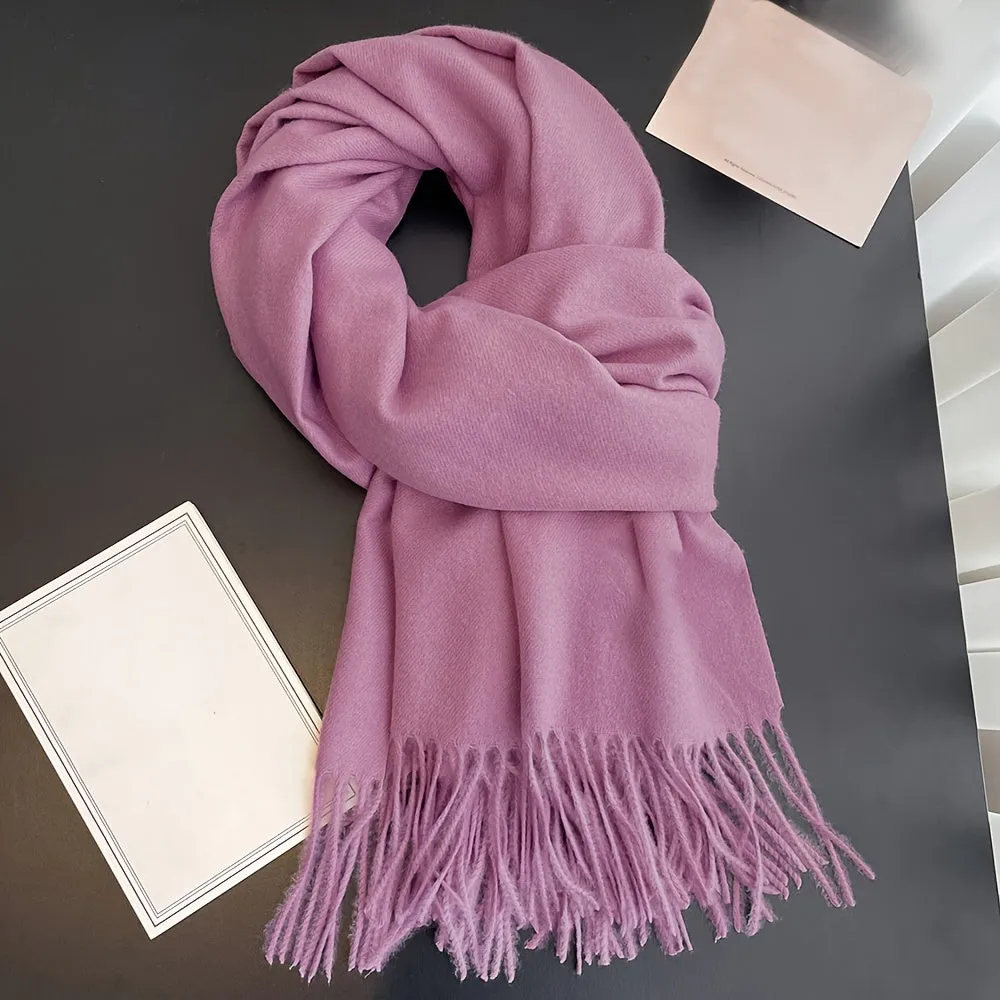 Chic Faux Cashmere Knit Scarf with Tassels - Cozy, Warm & Windproof for Winter | Solid Color, Non-Stretch Polyester