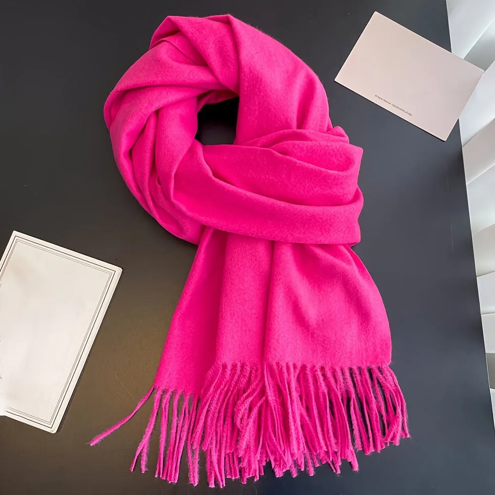 Chic Faux Cashmere Knit Scarf with Tassels - Cozy, Warm & Windproof for Winter | Solid Color, Non-Stretch Polyester