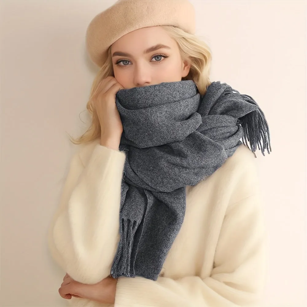 Chic Faux Cashmere Knit Scarf with Tassels - Cozy, Warm & Windproof for Winter | Solid Color, Non-Stretch Polyester