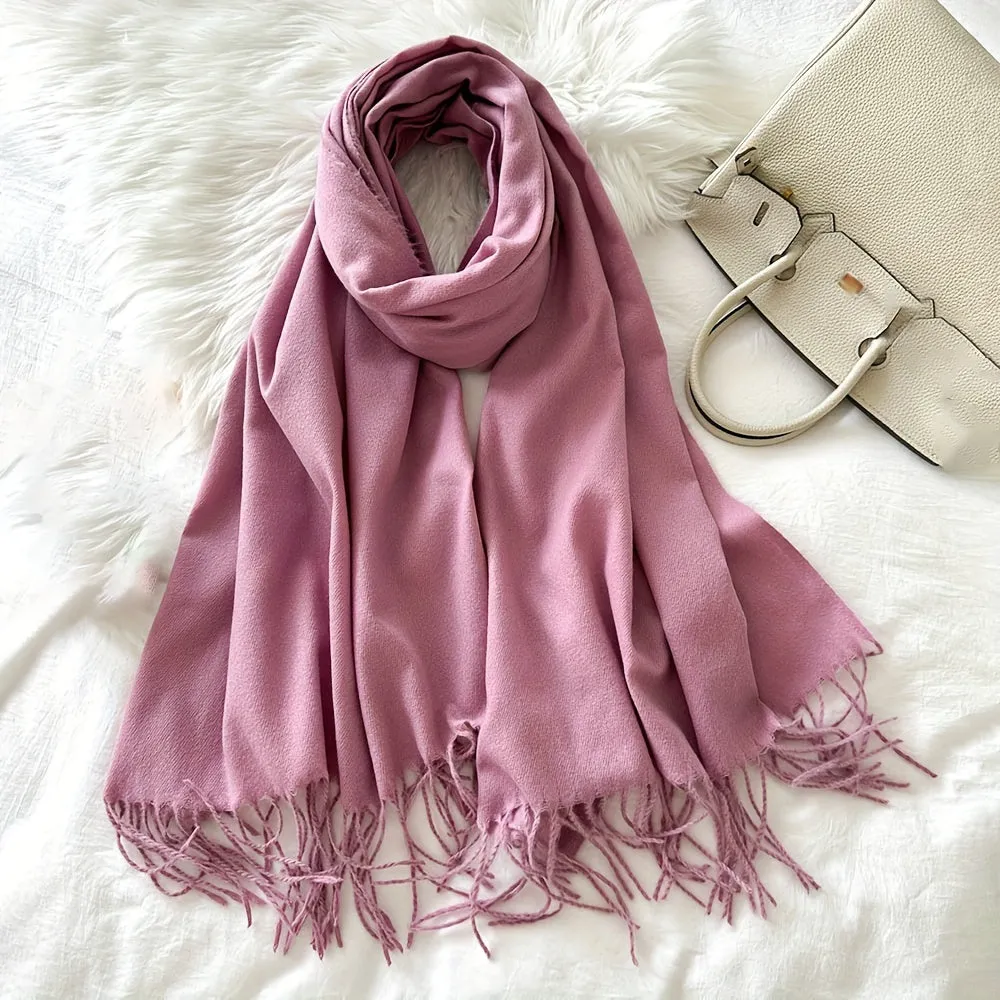 Chic Faux Cashmere Knit Scarf with Tassels - Cozy, Warm & Windproof for Winter | Solid Color, Non-Stretch Polyester