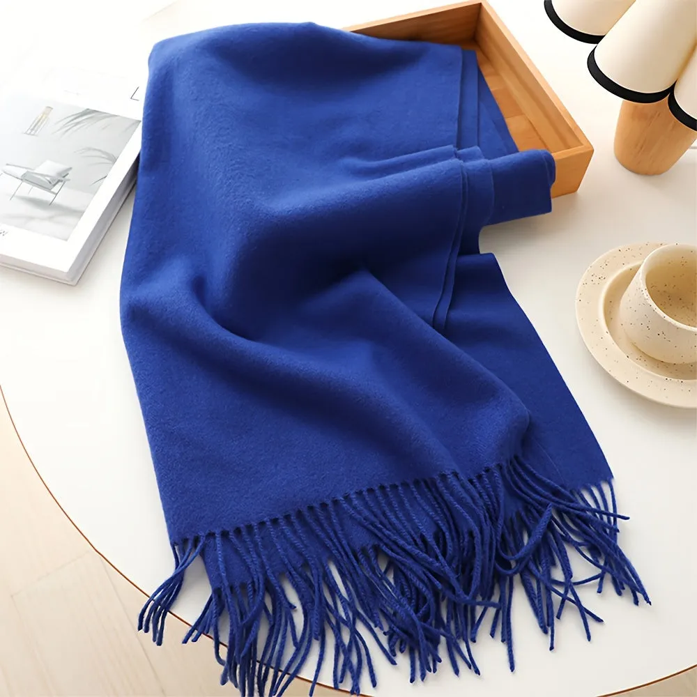 Chic Faux Cashmere Knit Scarf with Tassels - Cozy, Warm & Windproof for Winter | Solid Color, Non-Stretch Polyester