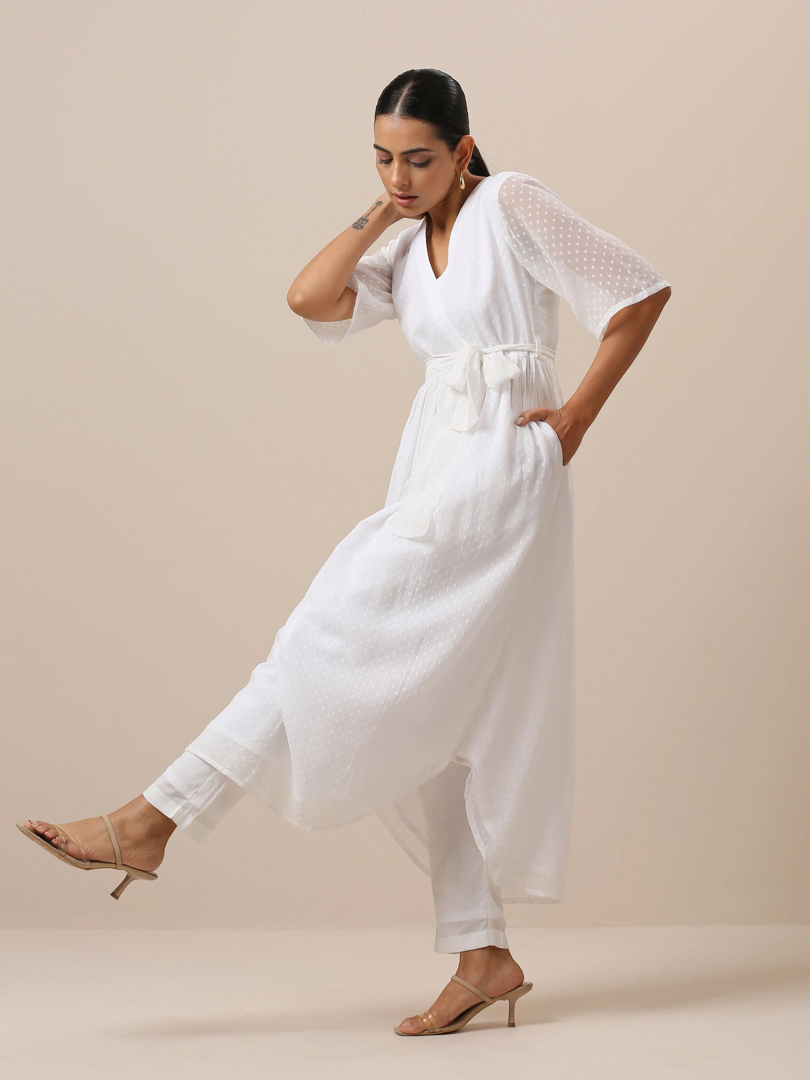 Chiffon White Dobby Wrap Kurta Pant Set