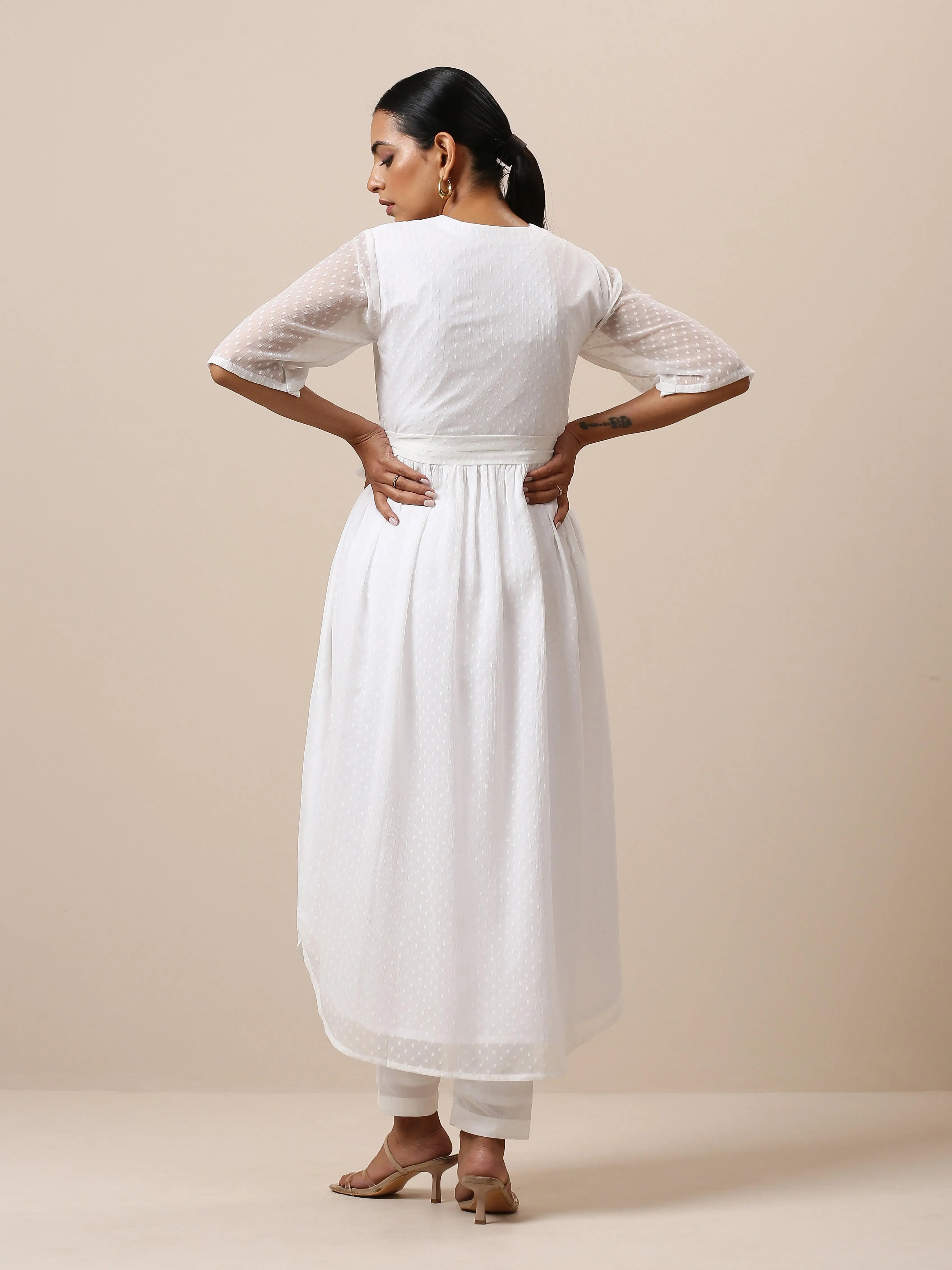 Chiffon White Dobby Wrap Kurta Pant Set