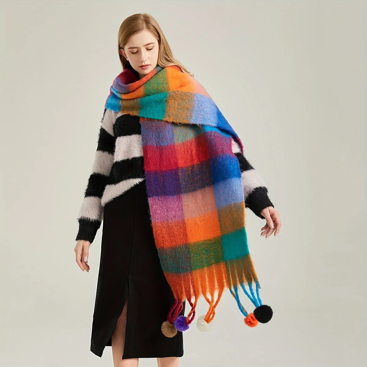 Chunky Rainbow Scarf - Soft Imitation Cashmere, Faux Fur Ball Tassel, Thickened Coldproof, Warm, Long, Plaid Color Block Design, Perfect for Winter Outings and Casual Wear