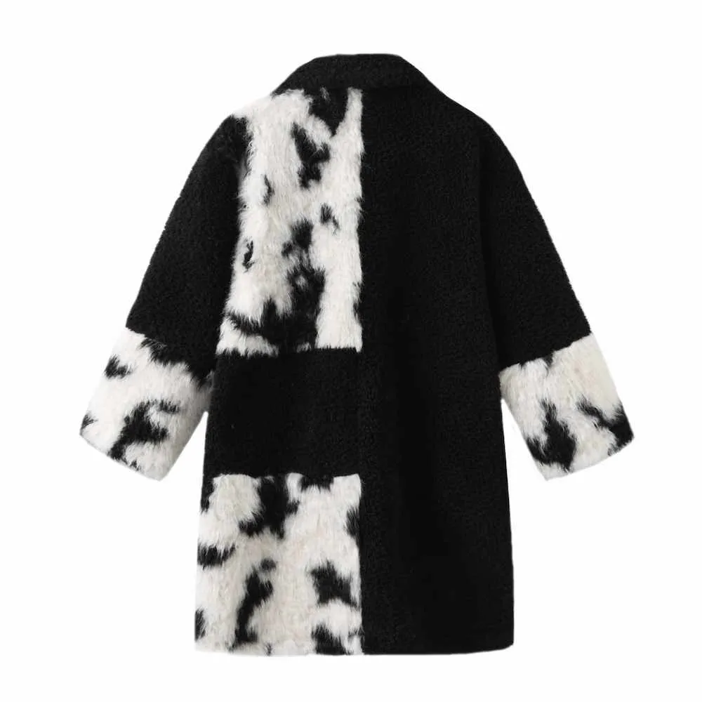 Cow Print Teddy Shearling Duffle Coat - Black