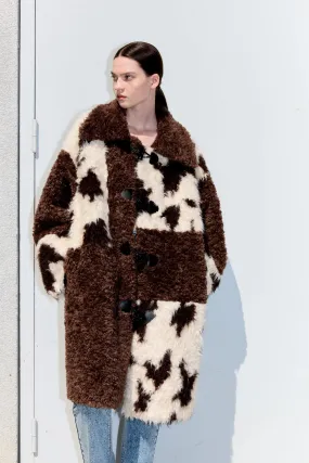 Cow Print Teddy Shearling Duffle Coat - Brown