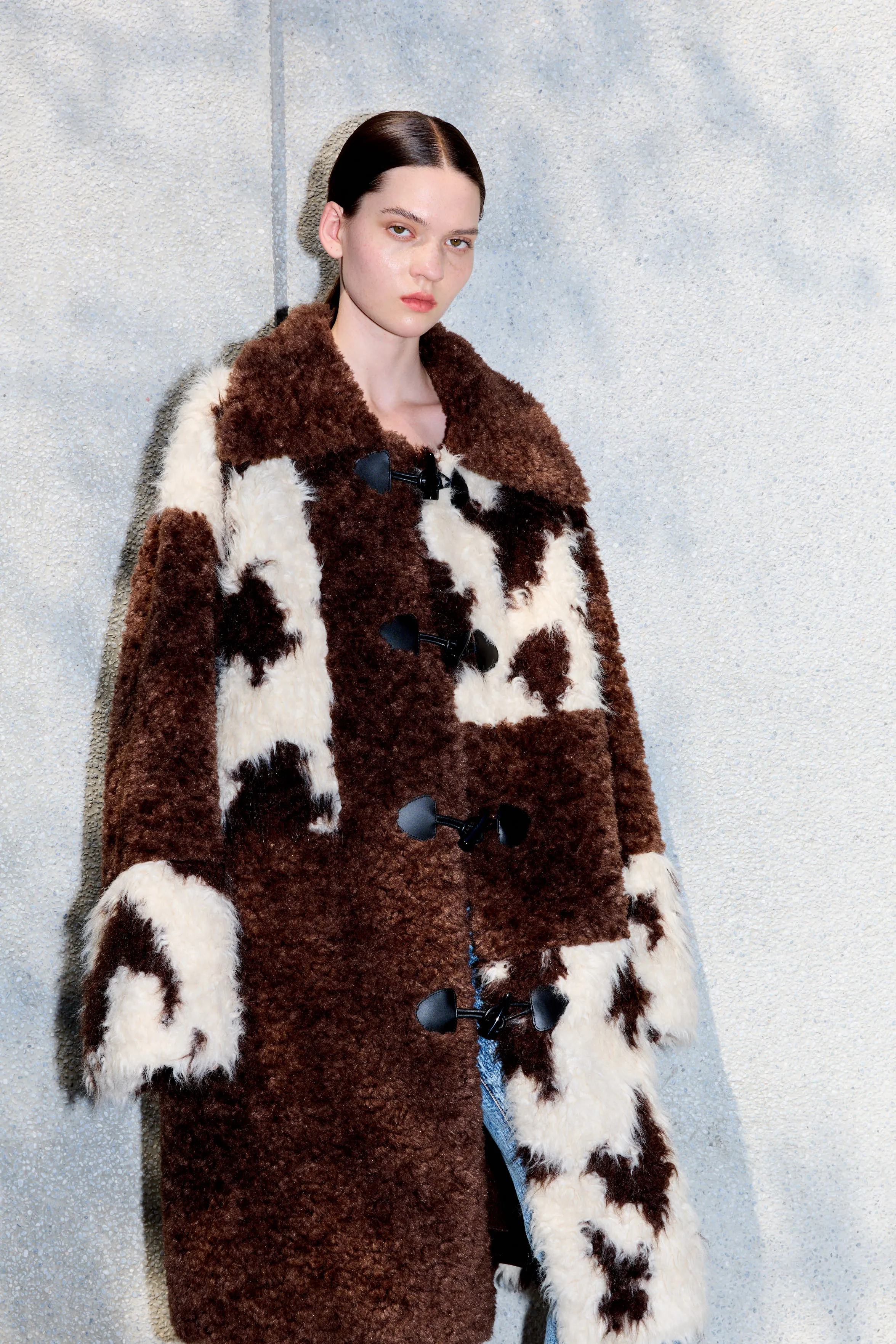 Cow Print Teddy Shearling Duffle Coat - Brown