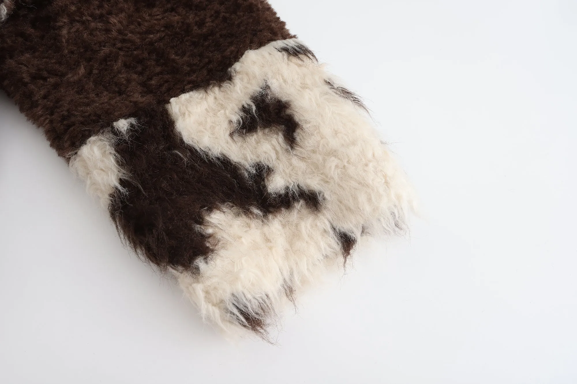 Cow Print Teddy Shearling Duffle Coat - Brown