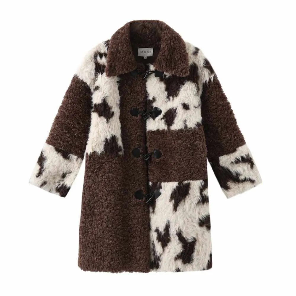 Cow Print Teddy Shearling Duffle Coat - Brown