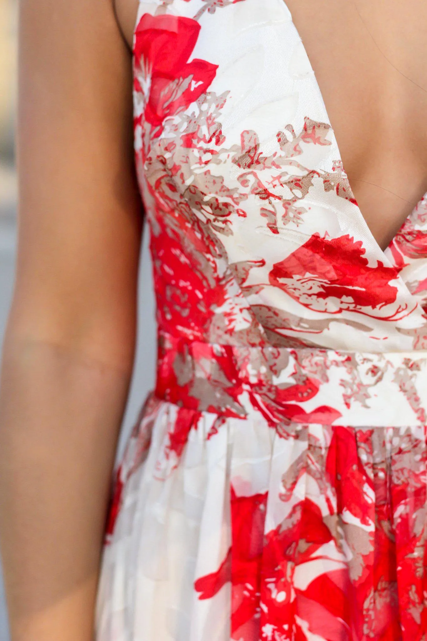 Cream and Red Floral Chiffon Maxi Dress