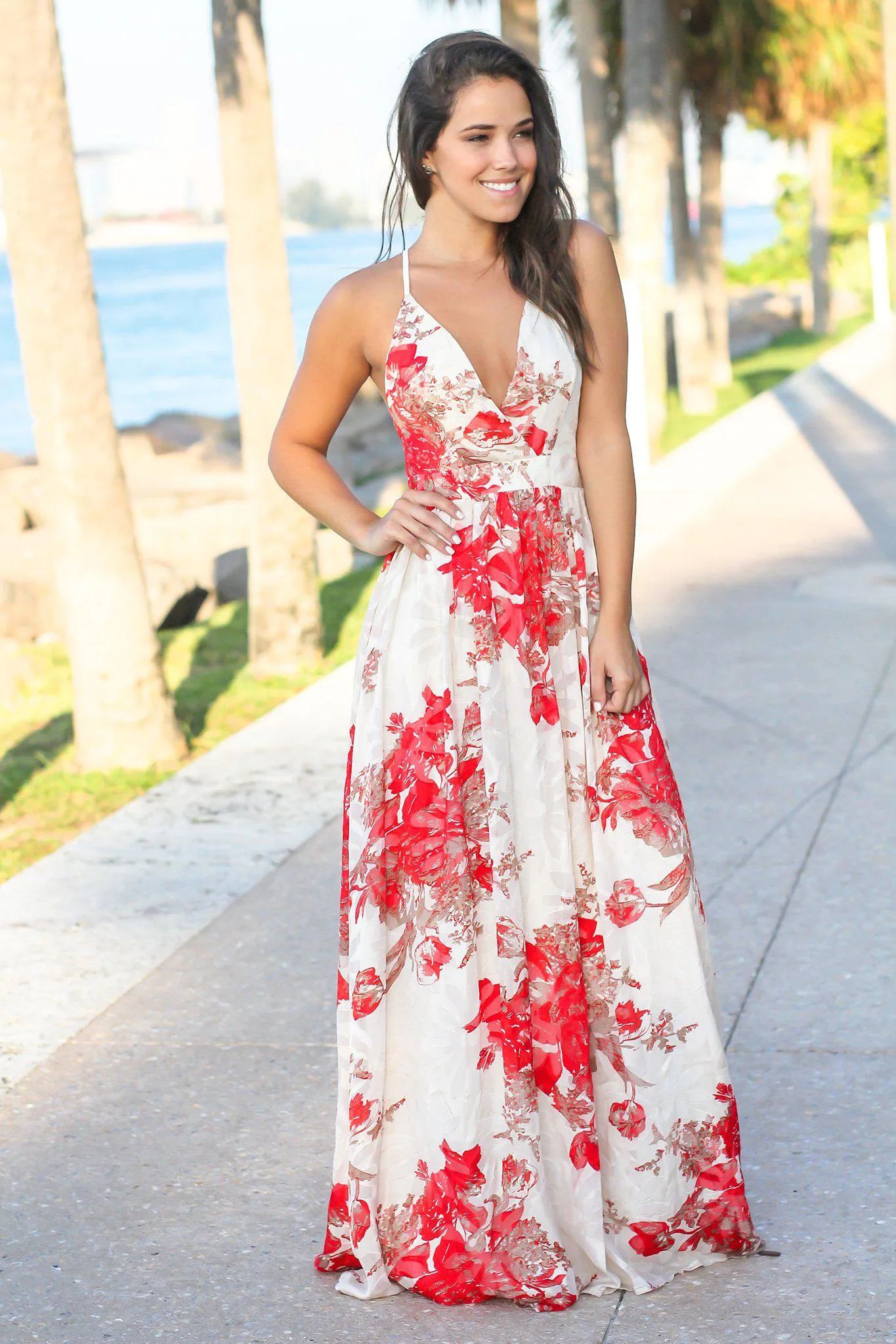 Cream and Red Floral Chiffon Maxi Dress