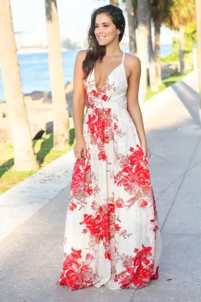 Cream and Red Floral Chiffon Maxi Dress