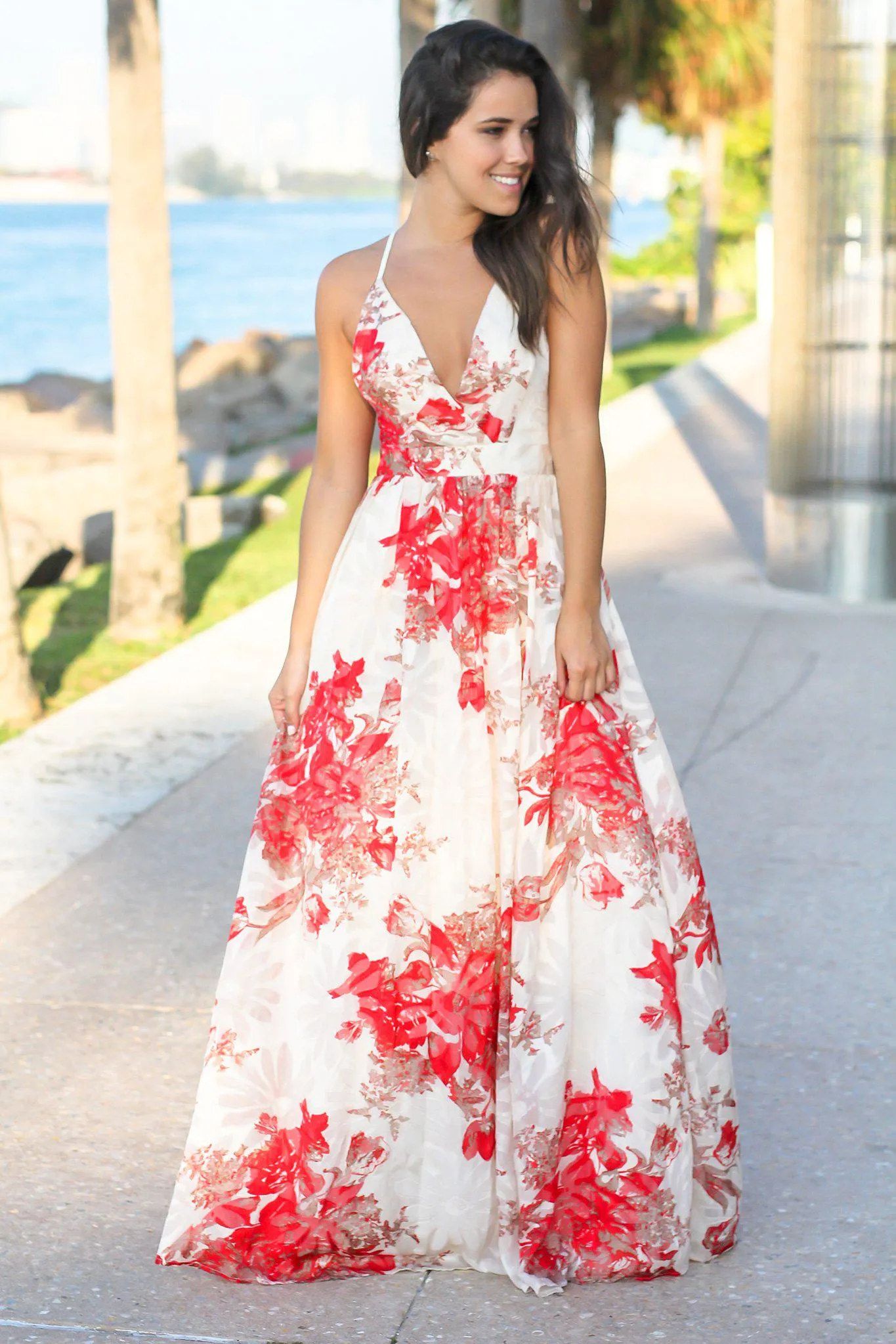 Cream and Red Floral Chiffon Maxi Dress