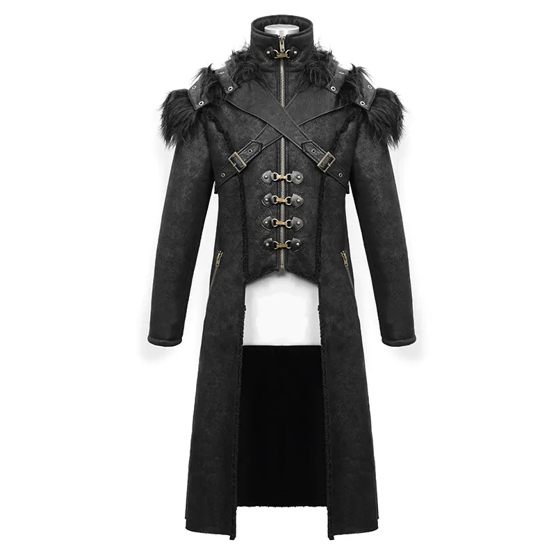 CT150 short front and long back punk fur warm men coat with detachable cape collar