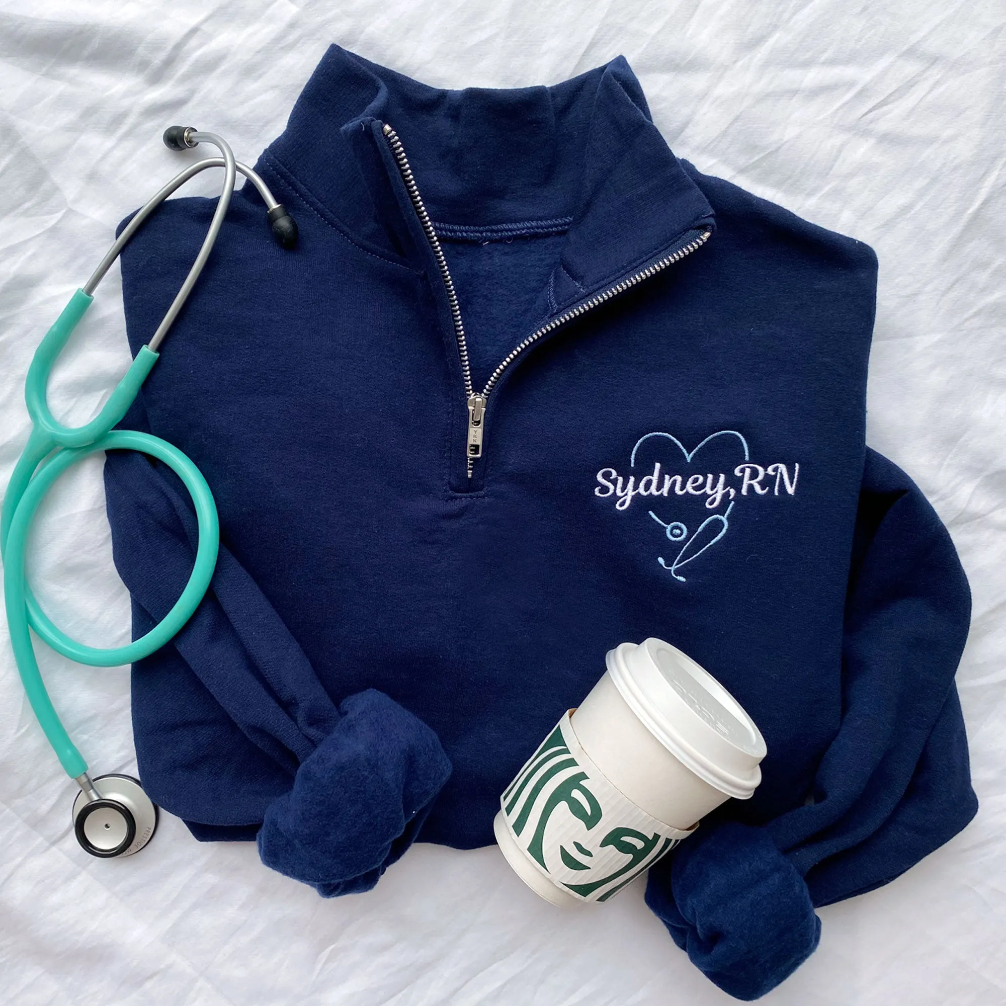 Custom Nurse Jessie Quarter Zip with Large Heart Stethoscope