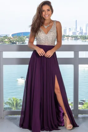 Deep Violet Maxi Dress with Silver Jewels