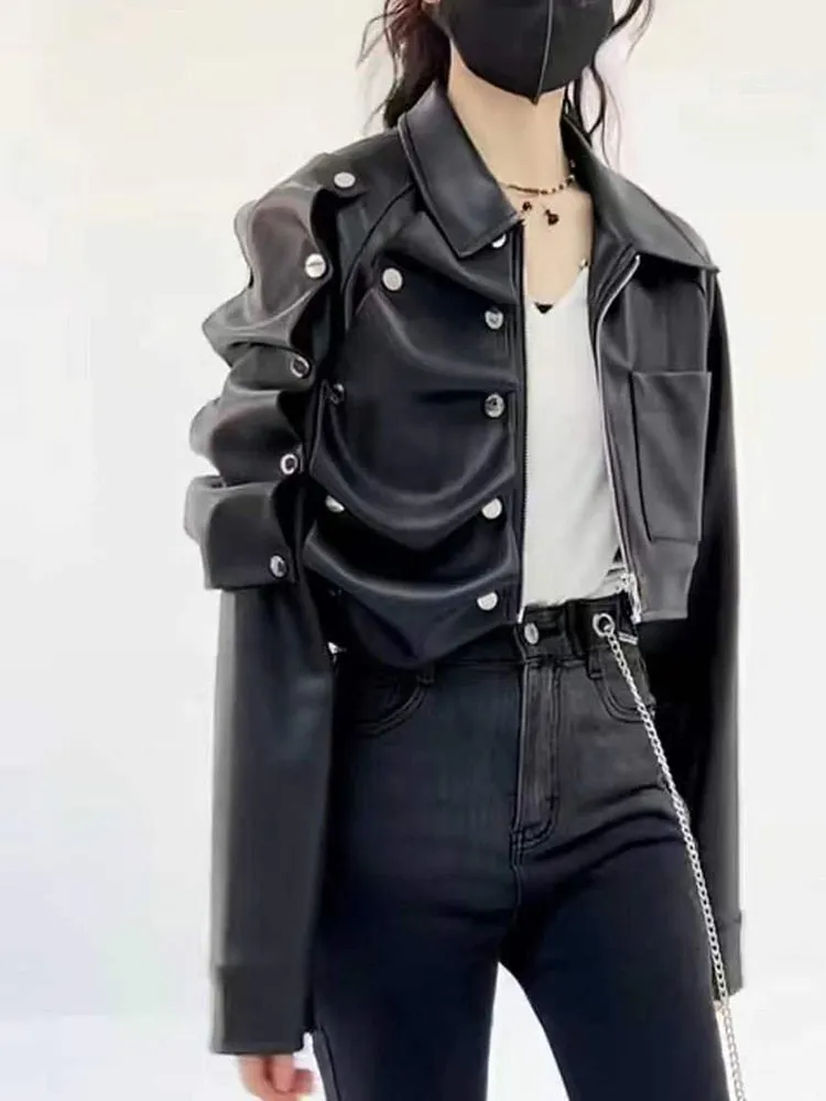 Detachable Button Irregular Leather Jackets For Women Lapel Long Sleeve Spliced Zipper Jacket Female Fashion