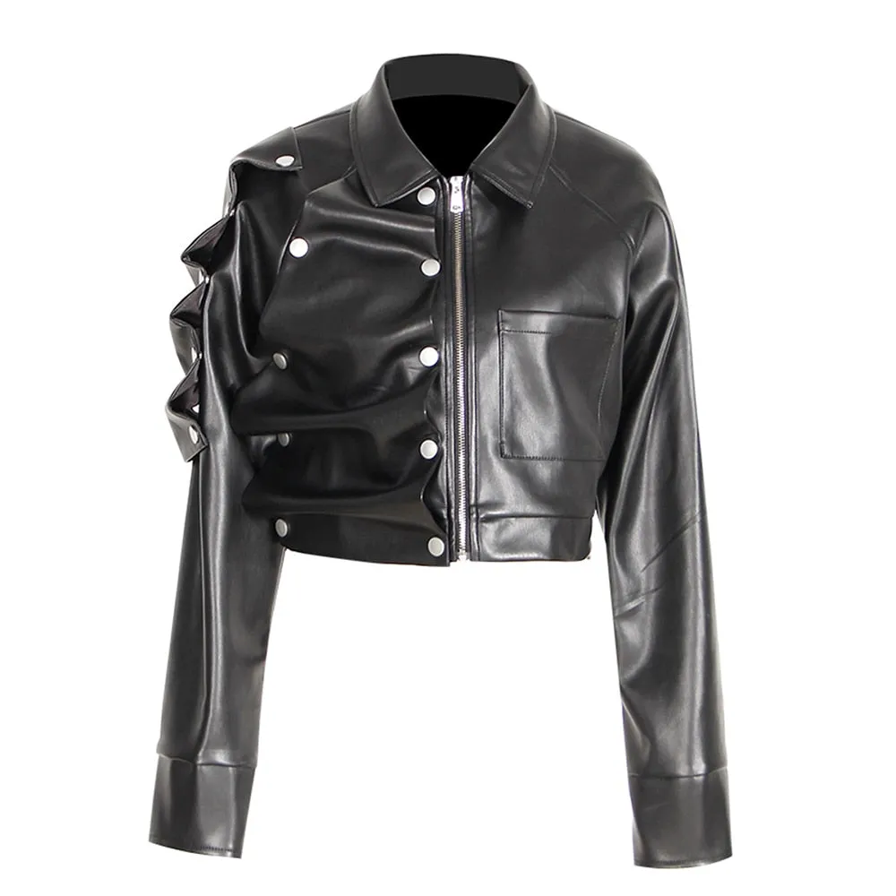 Detachable Button Irregular Leather Jackets For Women Lapel Long Sleeve Spliced Zipper Jacket Female Fashion