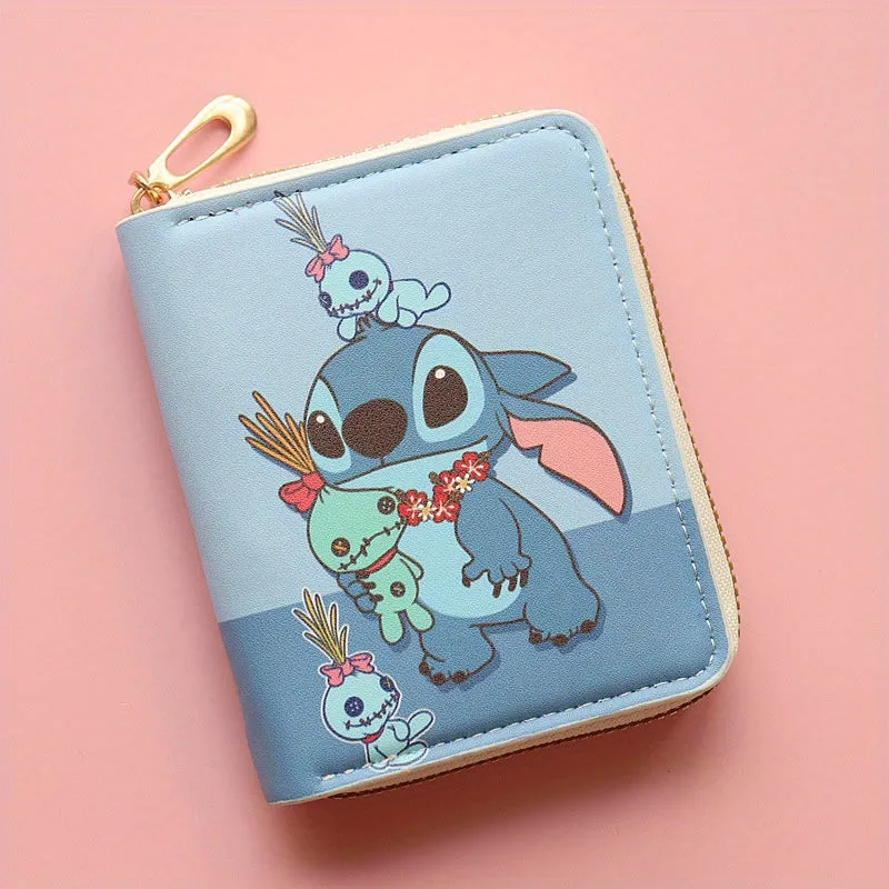 Disney Stitch Enchanting Wallet - Compact Zip-Up Coin Purse with Colorful Cartoon Print, Mini PU Leather Card Holder for Disney Fans